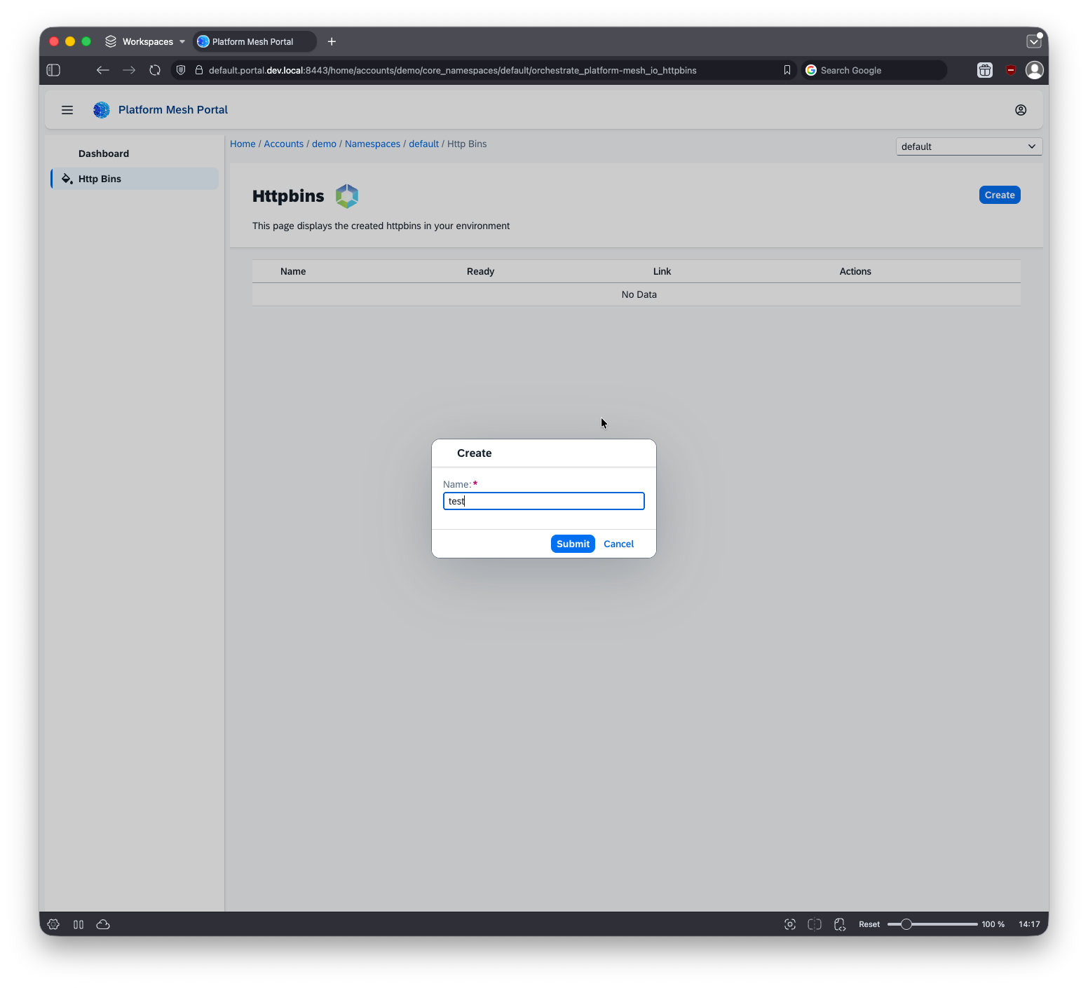 Platform Mesh Bin Create